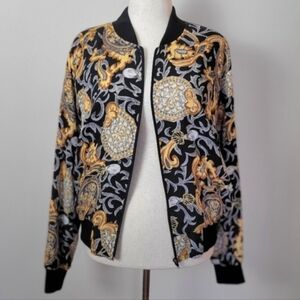 Vintage Patina Bomber Jacket Women's M, 90s Black yellow Floral baroque Full Zip